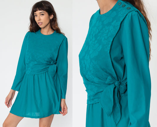 80s Teal Floral Mini Dress Puff Sleeve Fit and Flare Small Medium