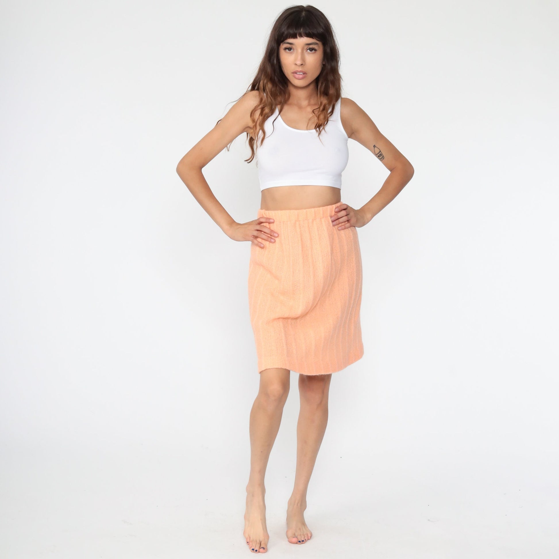 70s Peach Ribbed Knit Mini Skirt High Waist A-Line Small