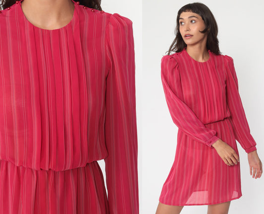 80s Puff Sleeve Mini Dress Red Striped Semi-Sheer Polyester Extra Small