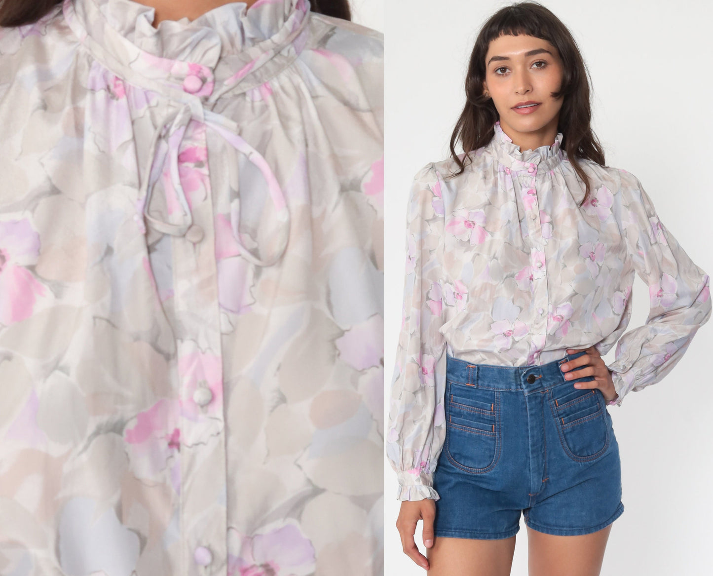 70s Floral Ruffle Button-Up Blouse Purple Pastel Long Sleeve Medium