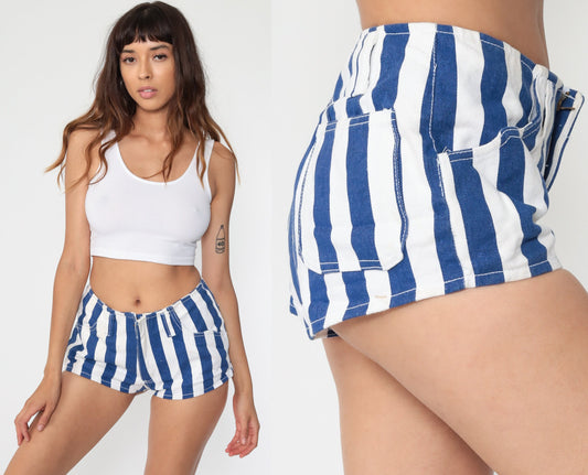 80s Striped Denim Shorts Blue White Cotton Jean Hotpants Small