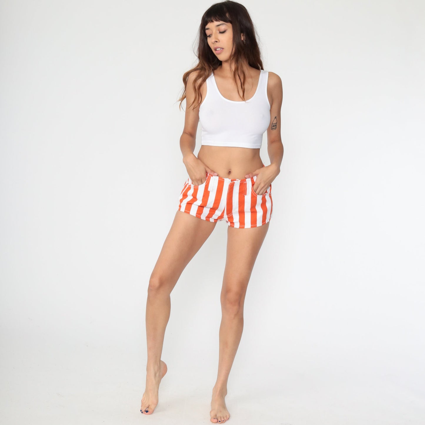 80s Striped Denim Shorts White Blue Cotton Jean Hotpants Small