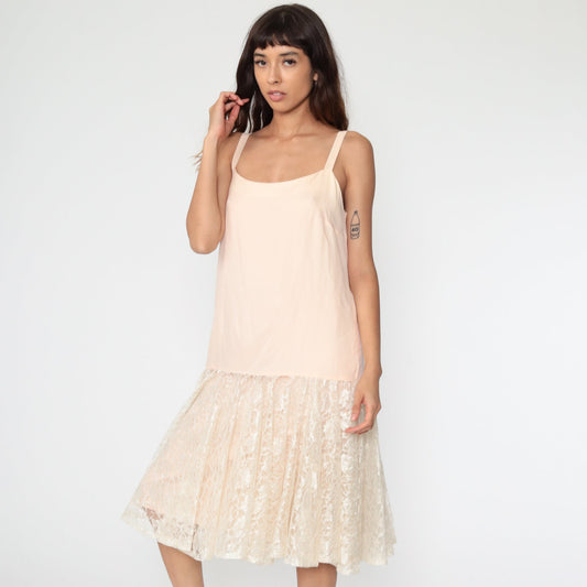 80s Peach Lace Drop Waist Midi Slip Dress Sleeveless Party Medium 8