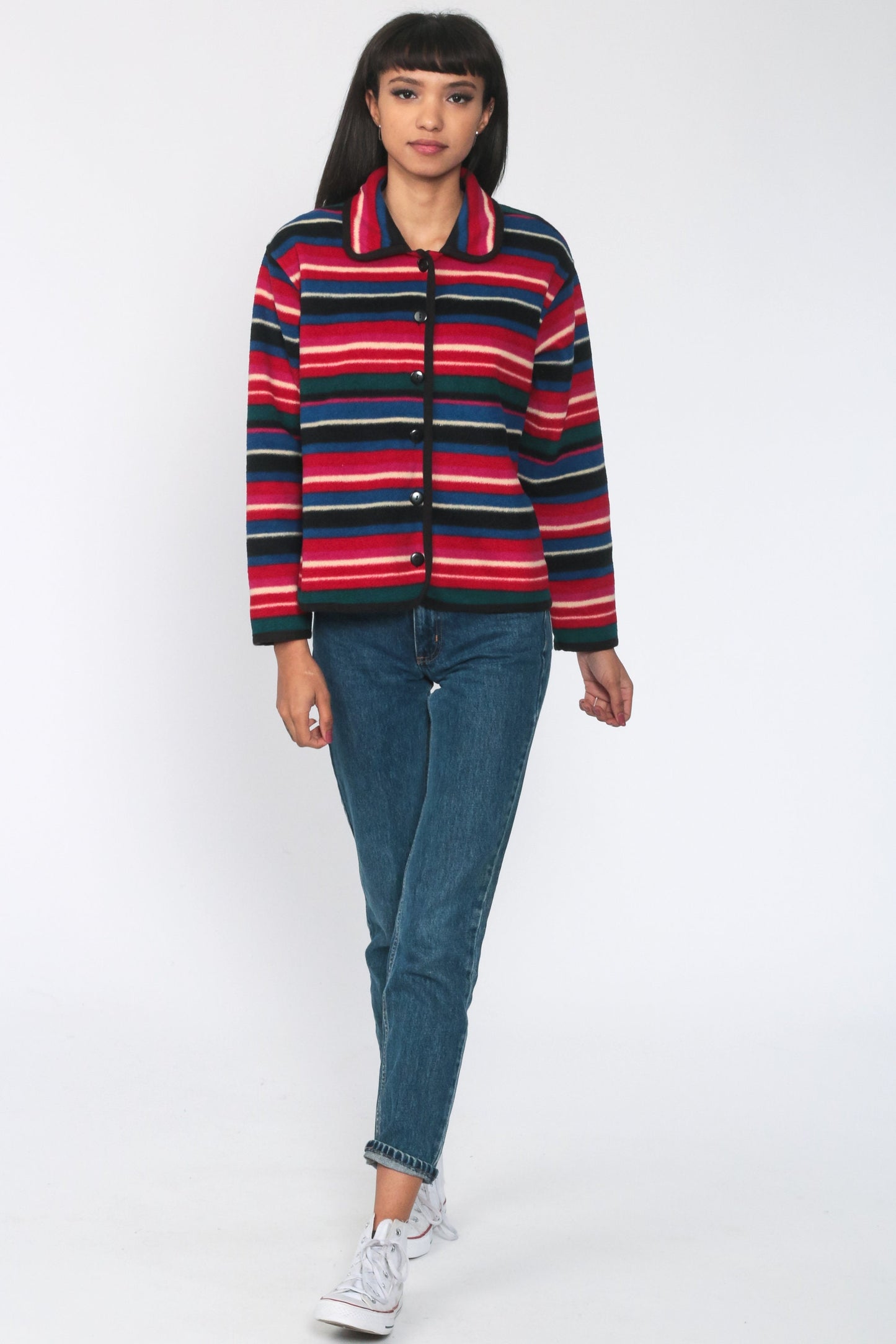 90s Striped Fleece Button-Up Jacket Red Blue Cropped Medium M