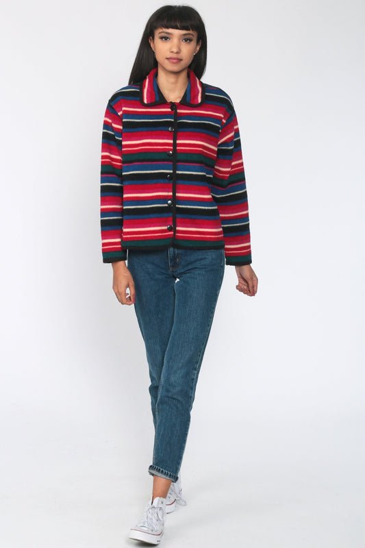 90s Striped Fleece Button-Up Jacket Red Blue Cropped Medium M