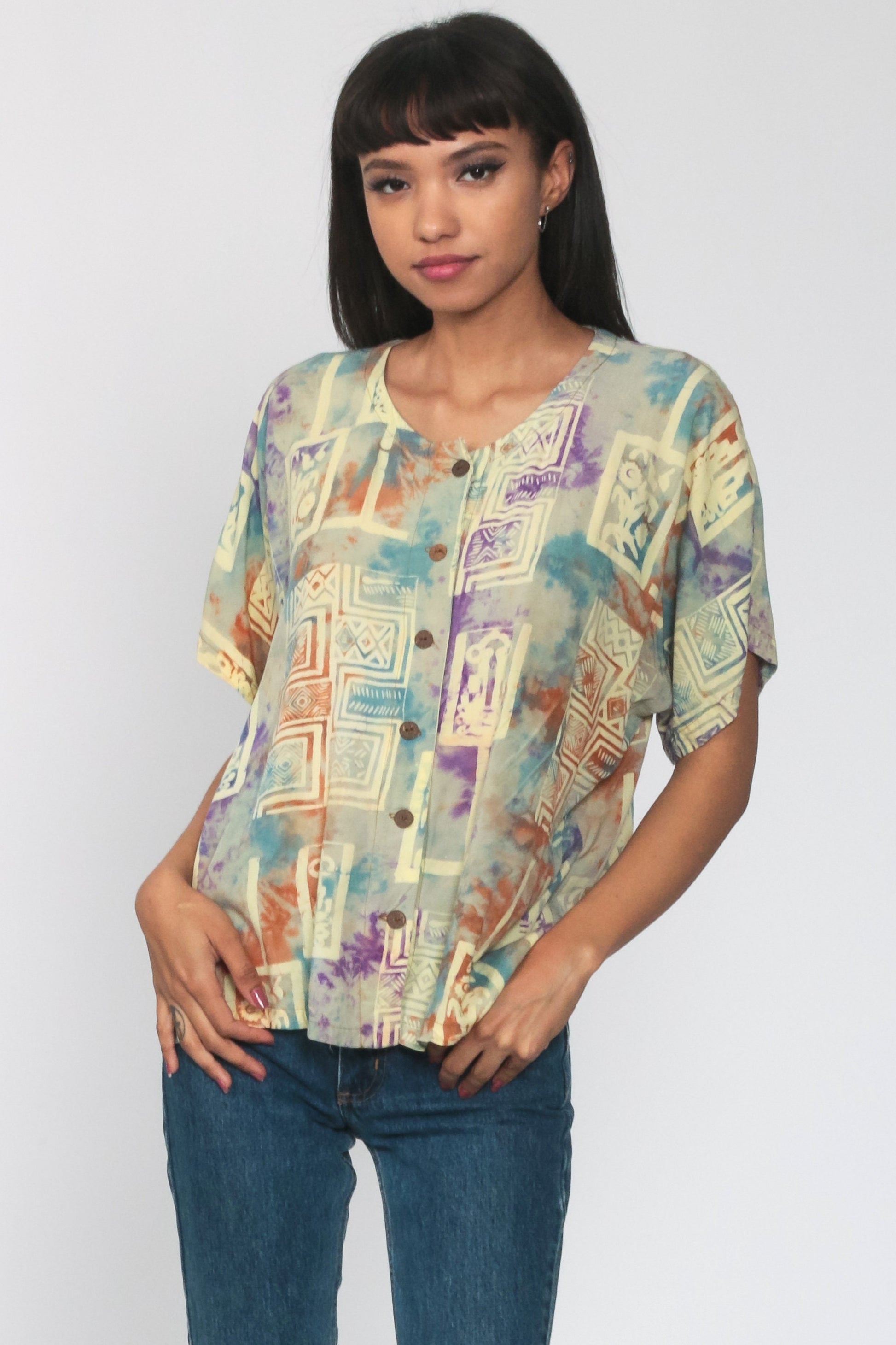 00s Tie Dye Batik Button Up Shirt Yellow Short Sleeve Extra Large XL
