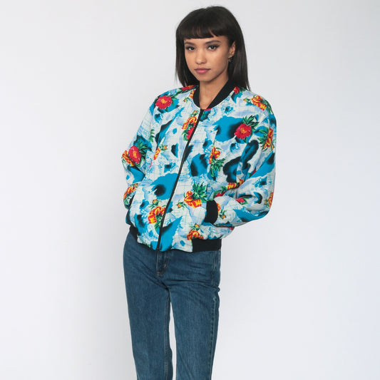 80s World Map Floral Windbreaker Jacket Blue Zip Bomber Small Medium