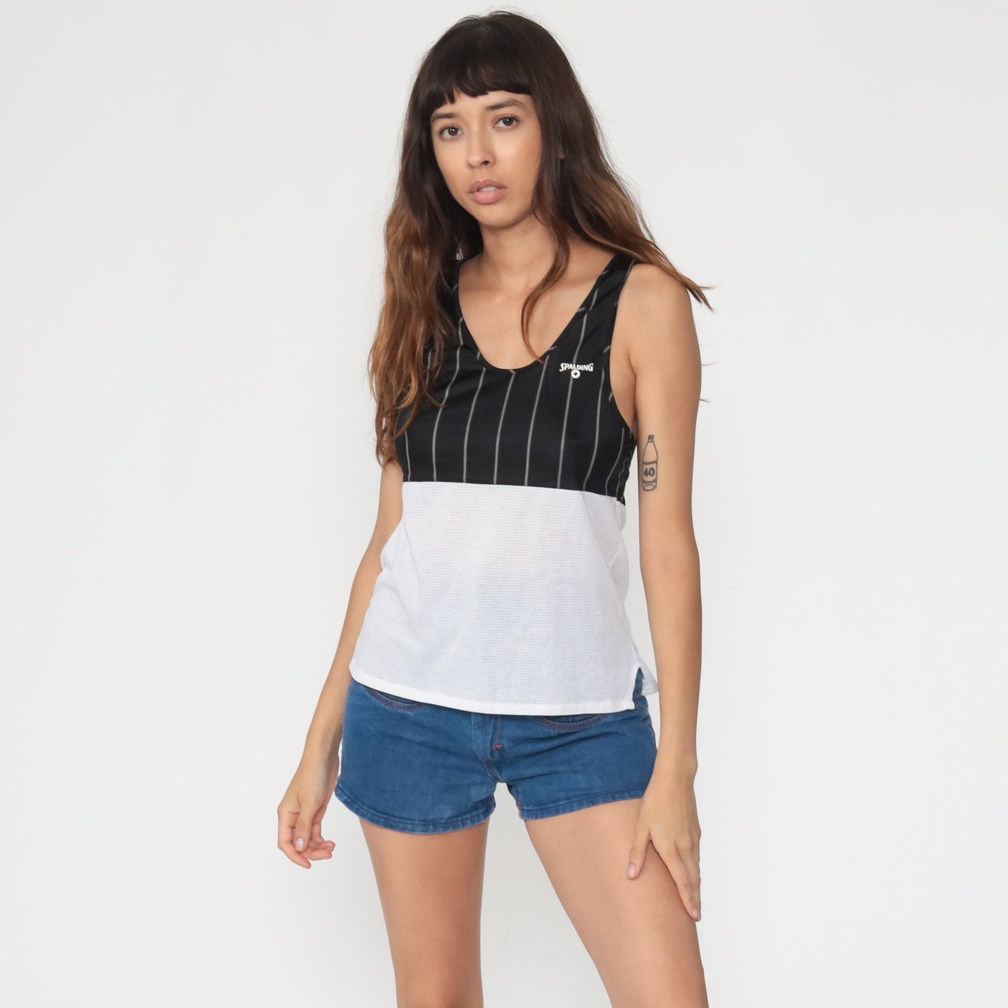 80s Spalding Mesh Tank Top Black White Color Block Sheer Small