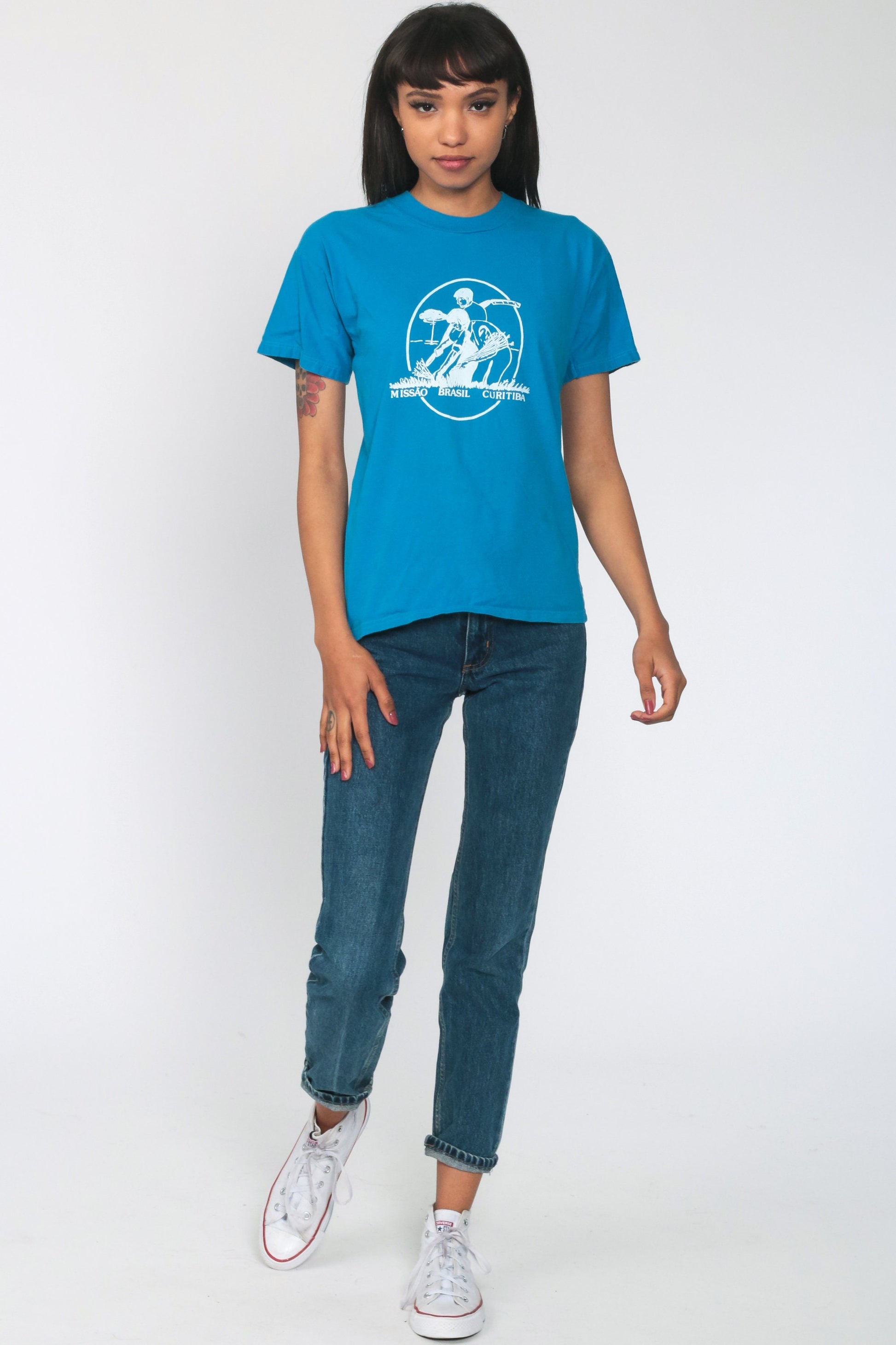 80s Curitiba Brazil Mission Graphic T-Shirt Cotton Blue Extra Small