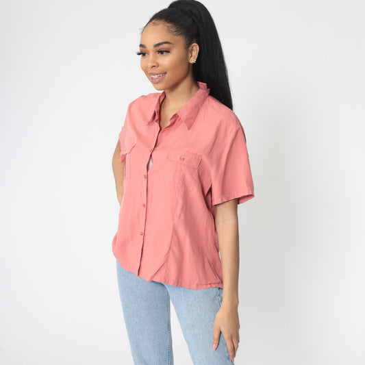 90s Pink Silk Button-Up Shirt Short Sleeve Blouse Large