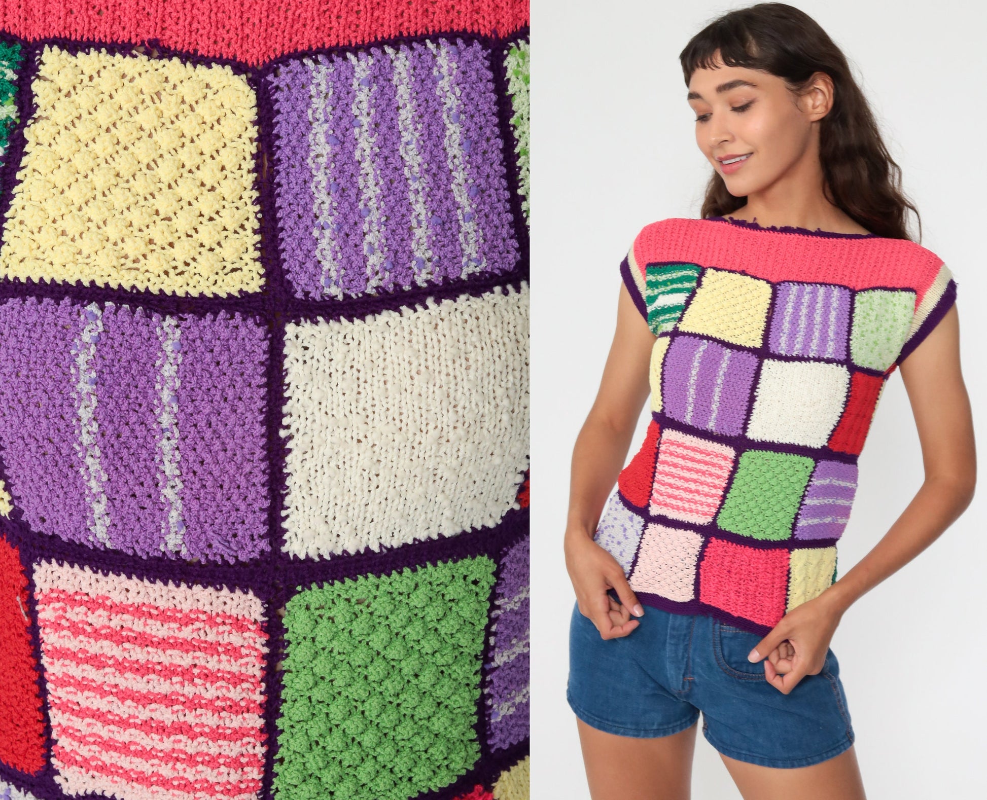 70s Patchwork Knit Top Rainbow Boatneck Short Sleeve Pink Purple Extra Small