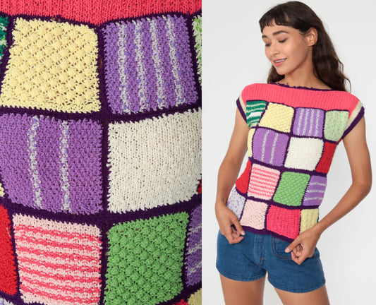 70s Patchwork Knit Top Rainbow Boatneck Short Sleeve Pink Purple Extra Small