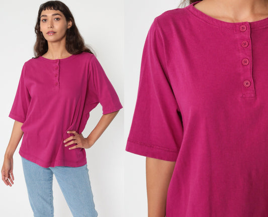 80s Deep Pink Half-Button Polo Shirt Cotton Blend Short Sleeve Large