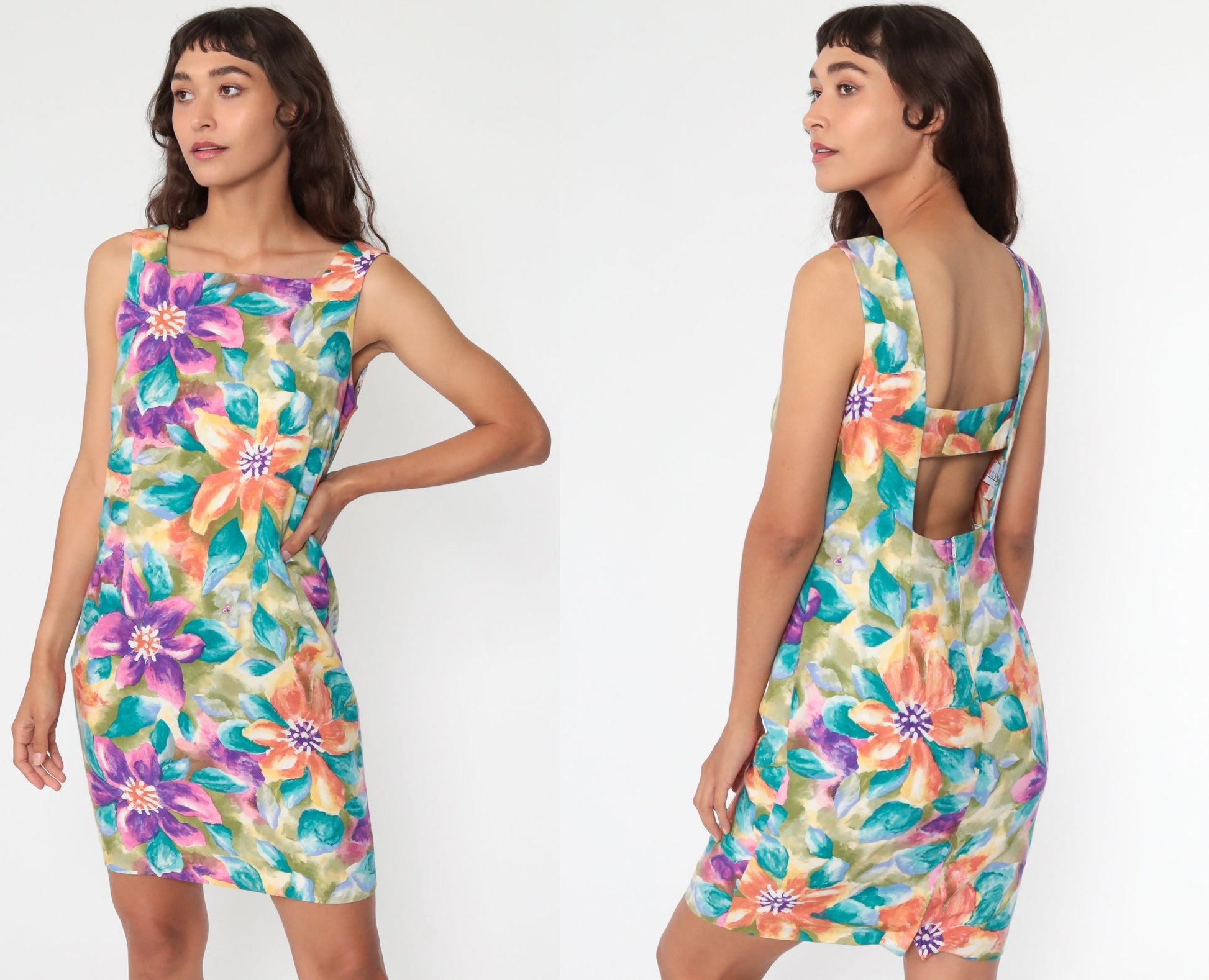 90s Tropical Floral Mini Dress Keyhole Back Sleeveless Sundress Small