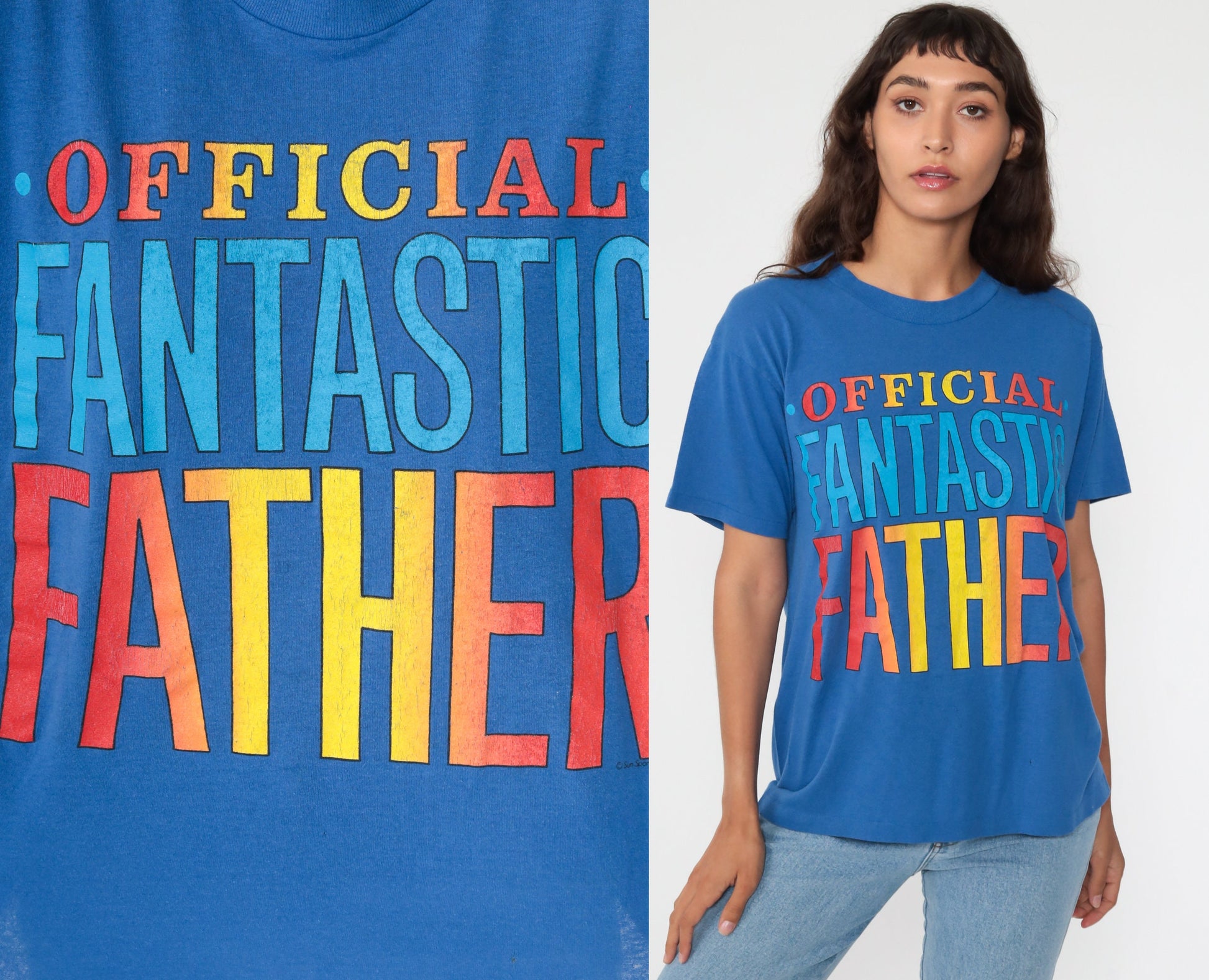 80s Official Fantastic Father Graphic T-Shirt Blue Single Stitch Small