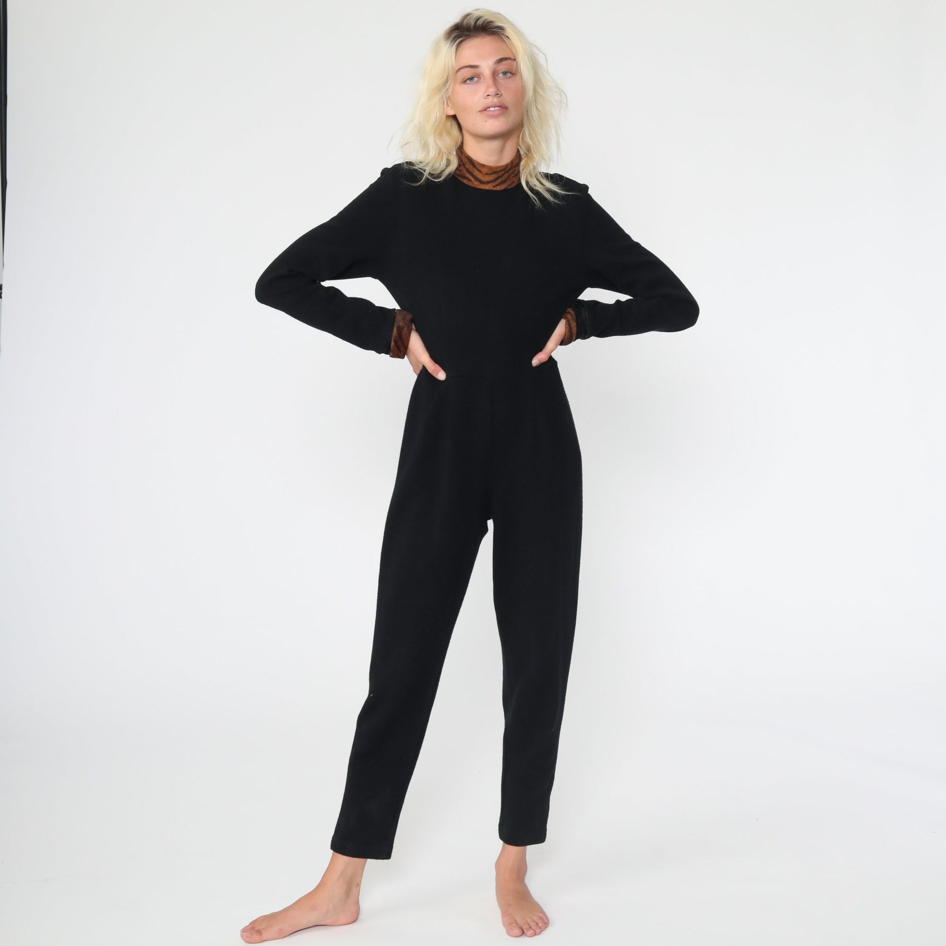 90s Black Jumpsuit Tiger Print Collar Turtleneck Tapered Small S