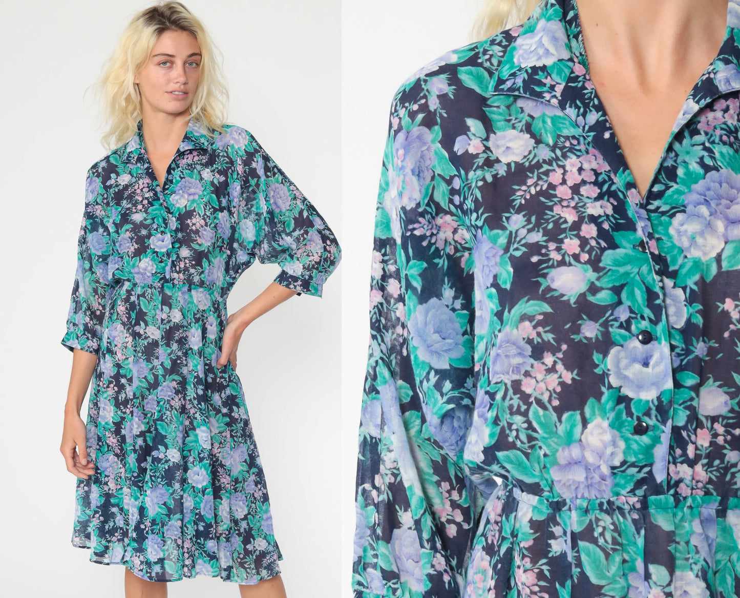 70s Blue Floral Midi Dress Button-Up High Waist Dolman Sleeve Extra Small