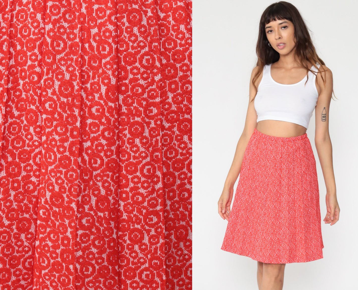 70s Red Geometric Print High-Waist Pleated Skirt Knee-Length Small