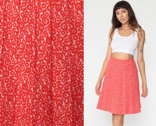 70s Red Geometric Print High-Waist Pleated Skirt Knee-Length Small