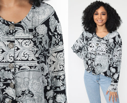 90s Ashton Laurel Floral Rayon Button-Up Blouse Grey Long Sleeve Extra Large