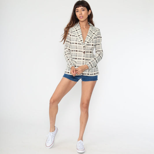 70s Jonathan Logan Cream Brown Plaid Blazer Jacket Extra Small XS