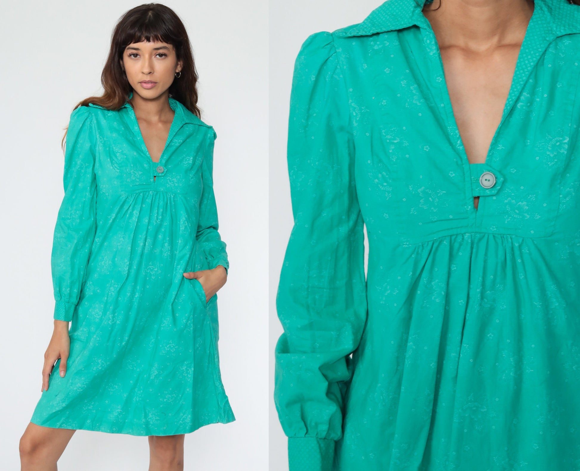 60s Green Floral Babydoll Dress Puff Sleeve Mini Empire Waist Small