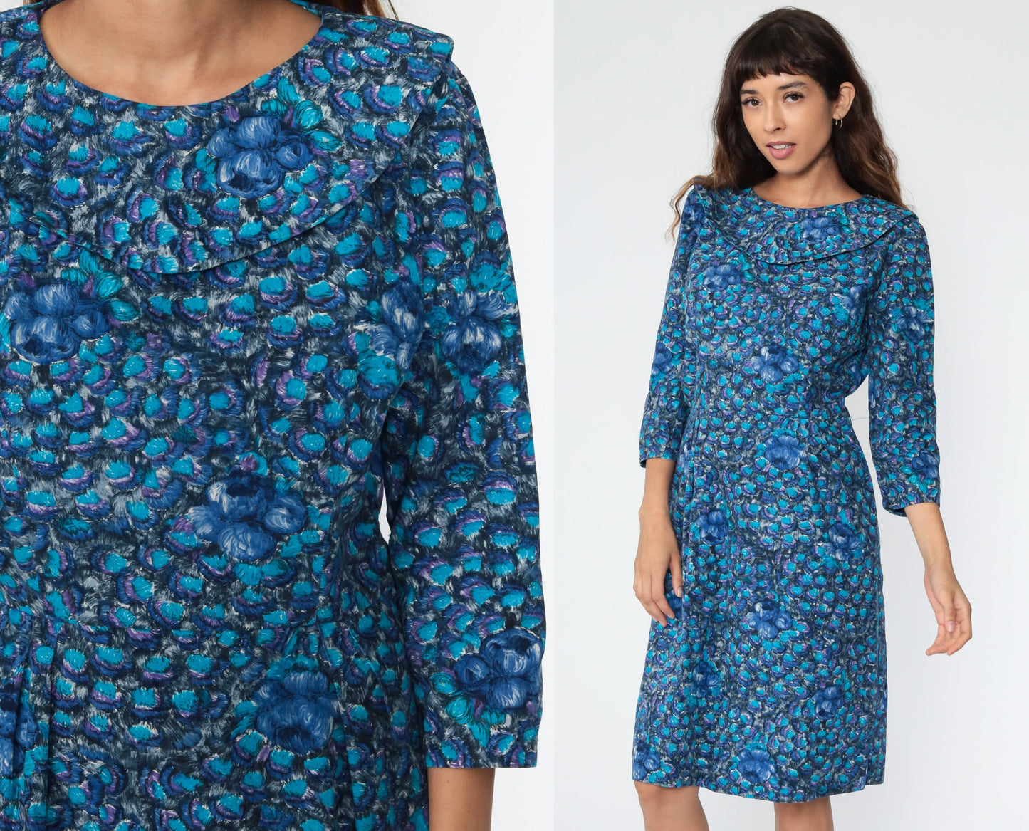 1960s Blue Floral Midi Dress 3/4 Sleeve High Waist Sheath Medium 8