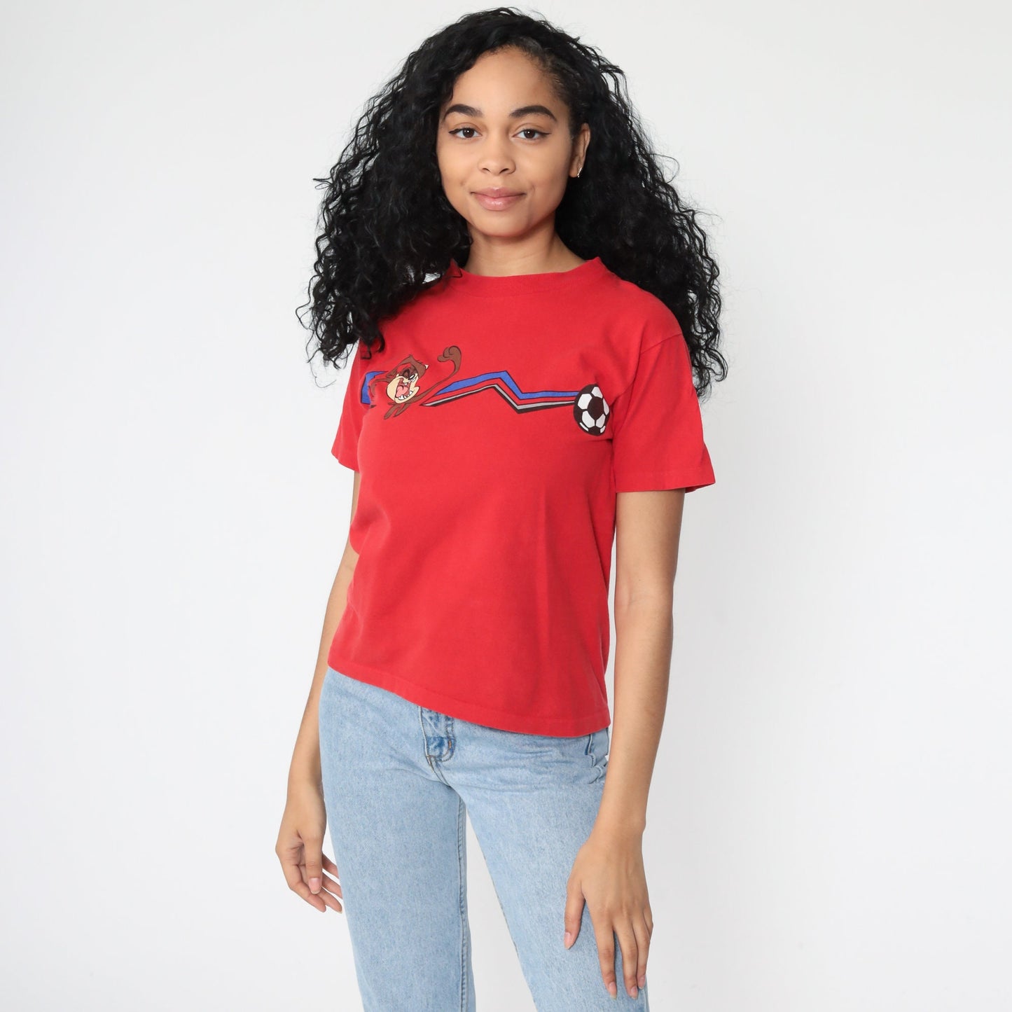 90s Looney Tunes Taz Soccer Graphic T-Shirt Warner Bros Red Small
