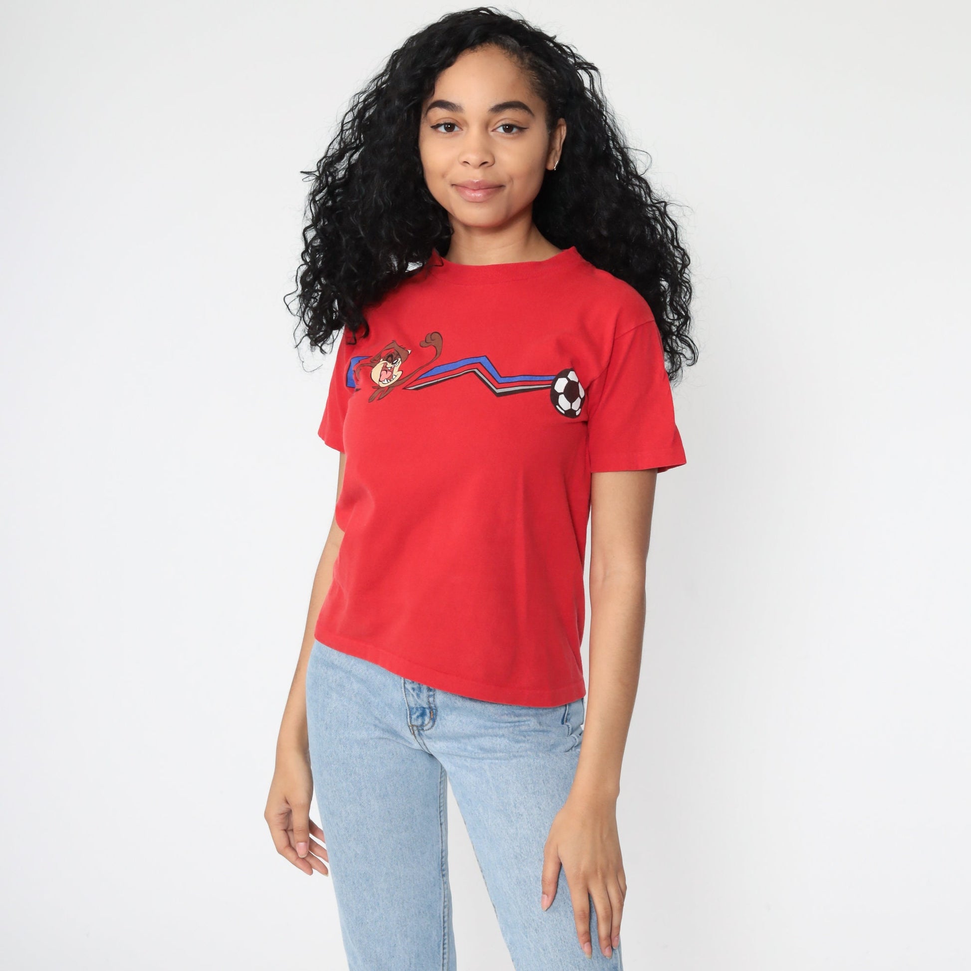 90s Looney Tunes Taz Soccer Graphic T-Shirt Warner Bros Red Small