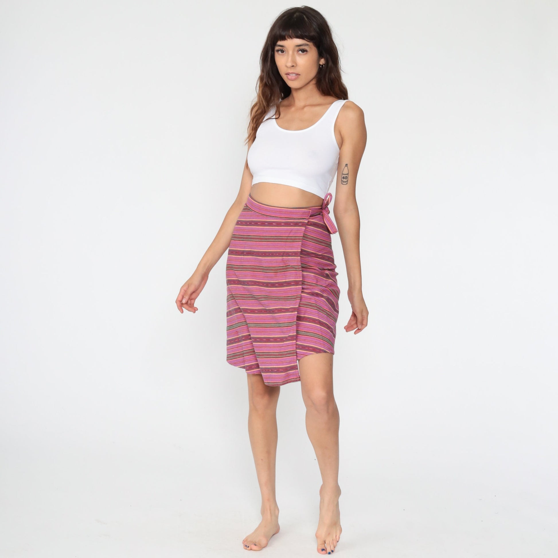90s Purple Striped Wrap Mini Skirt Cotton Small Medium