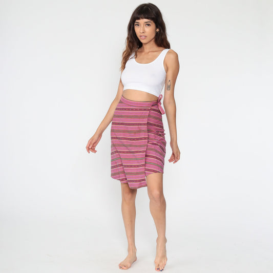 90s Purple Striped Wrap Mini Skirt Cotton Small Medium