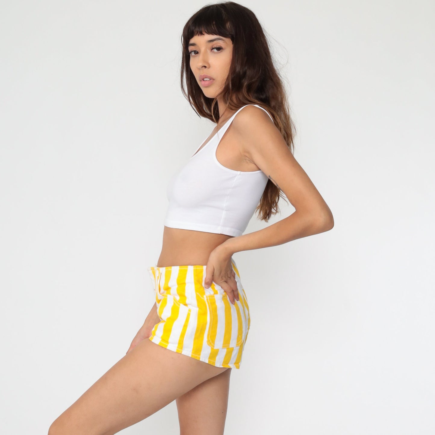 80s Striped Yellow Denim Shorts Mid Rise Jean Hotpants Small