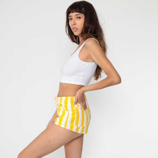 80s Striped Yellow Denim Shorts Mid Rise Jean Hotpants Small