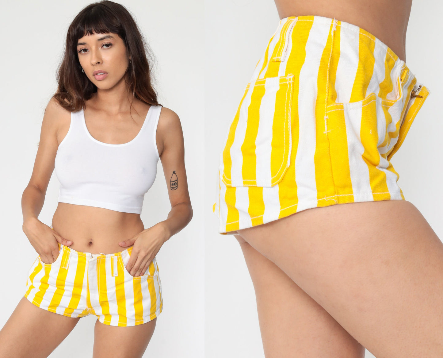 80s Striped Yellow Denim Shorts Mid Rise Jean Hotpants Small