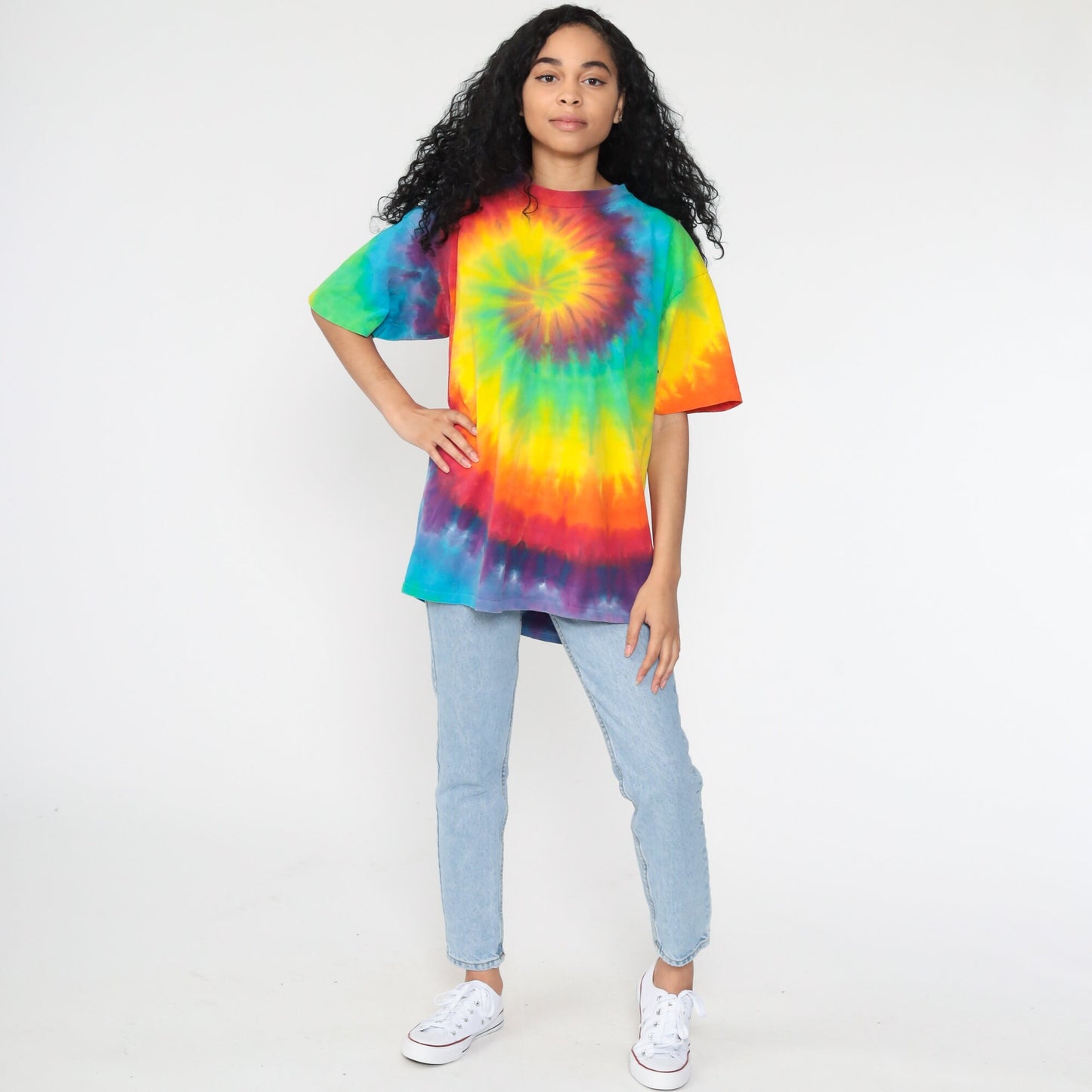 90s Tie Dye T-Shirt Yellow Green Blue Swirl Print Graphic Tee Large