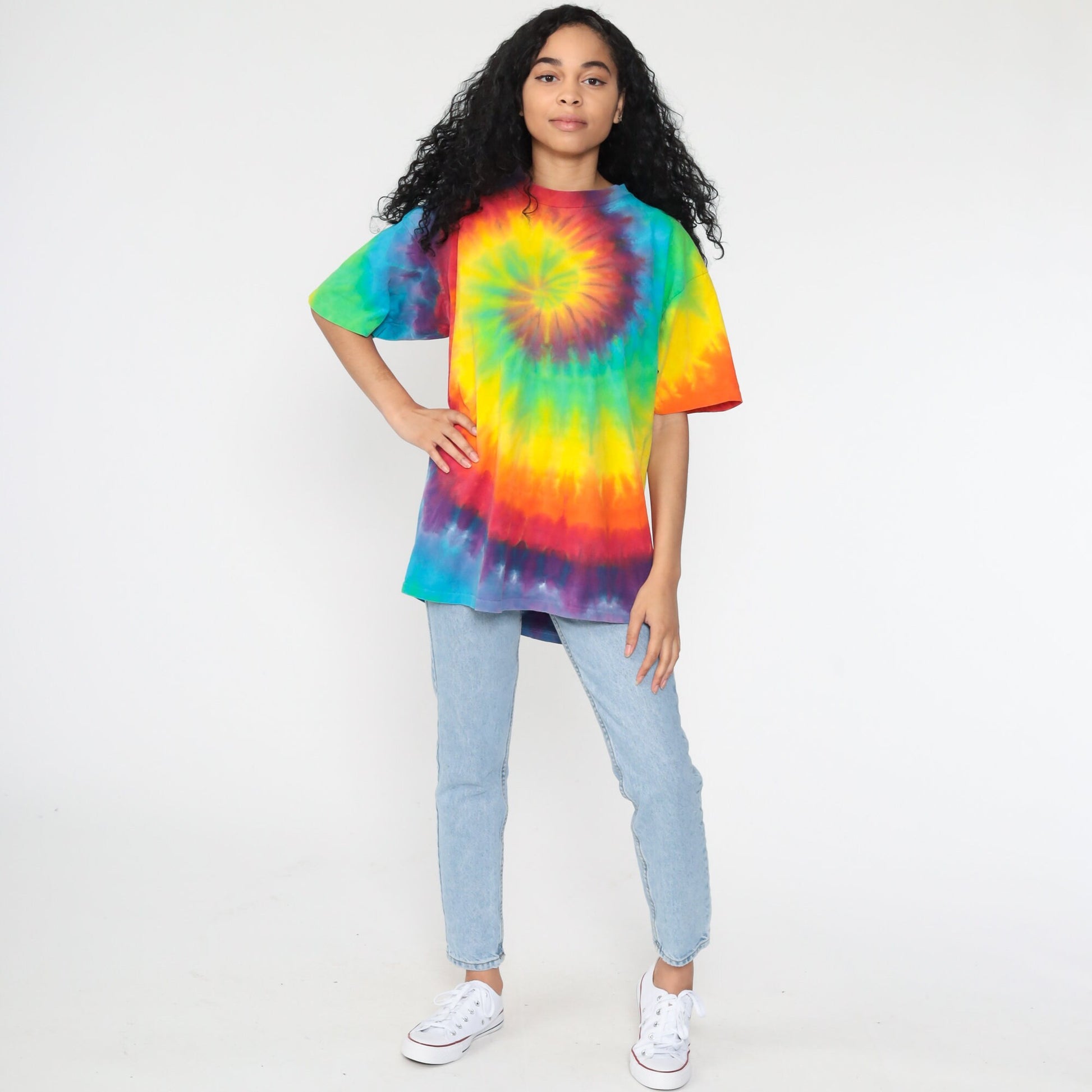 90s Tie Dye T-Shirt Yellow Green Blue Swirl Print Graphic Tee Large