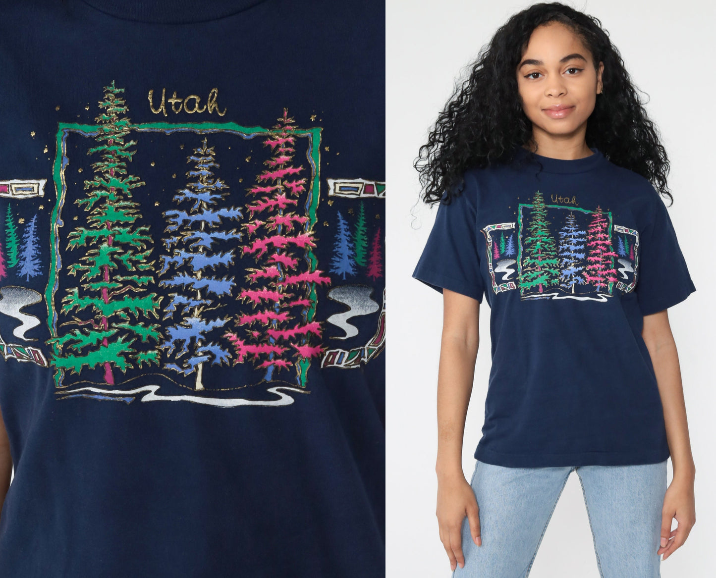 80s Utah Tree Graphic Tee Single Stitch Gold Glitter Navy Small