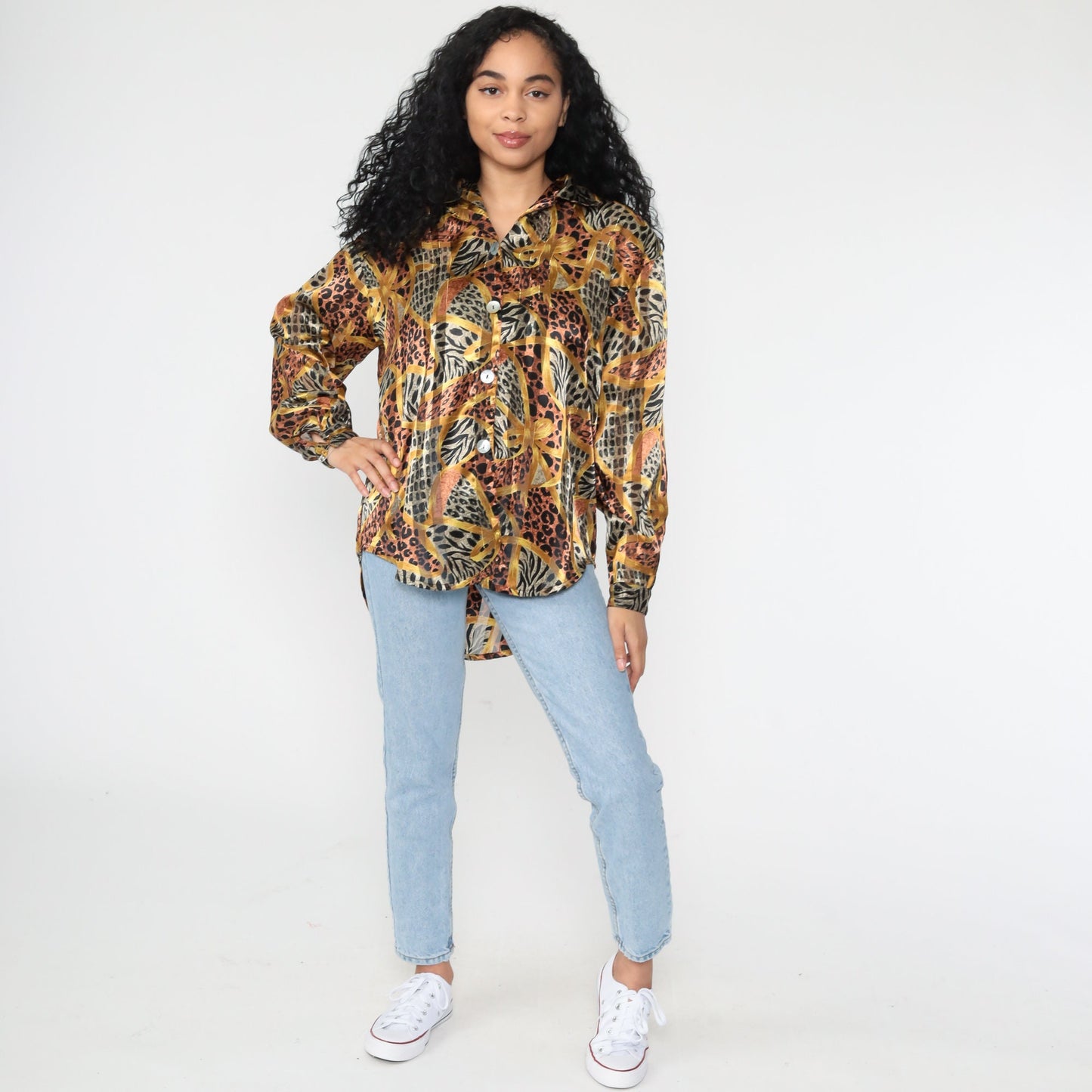 Leopard Print Blouse Gold Stripes Long Sleeve Button Up Medium