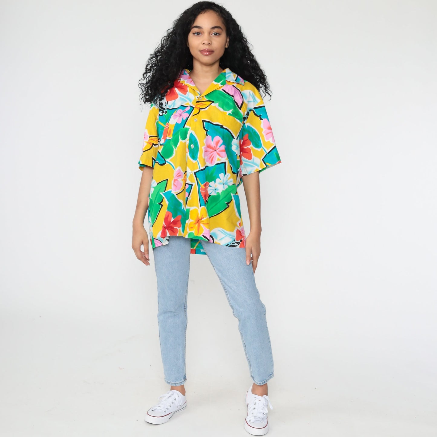 80s Hilo Hattie Hawaiian Shirt Tropical Floral Cocktail Print Button Up Extra Large