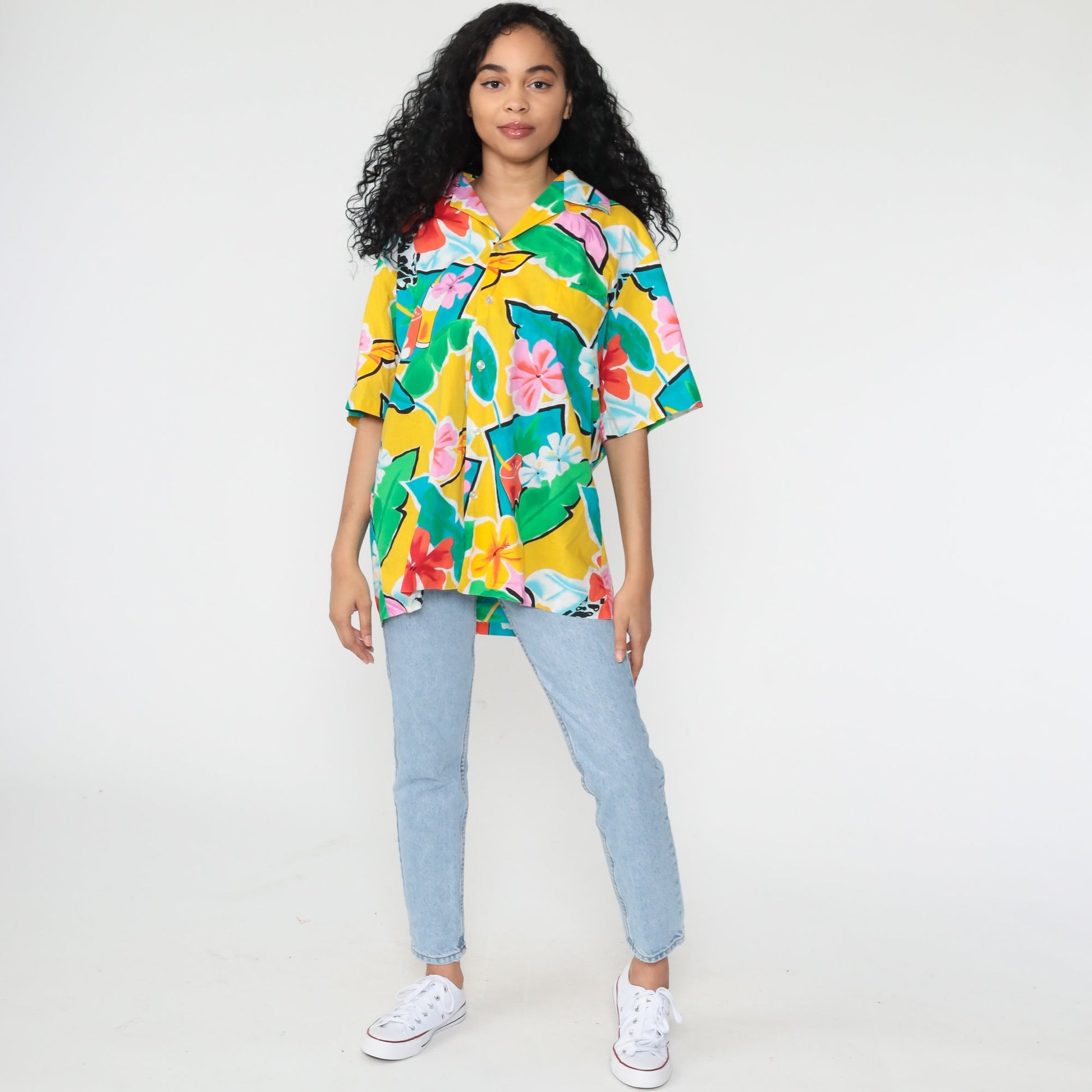 80s Hilo Hattie Hawaiian Shirt Tropical Floral Cocktail Print Button Up Extra Large