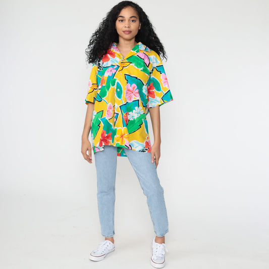 80s Hilo Hattie Hawaiian Shirt Tropical Floral Cocktail Print Button Up Extra Large