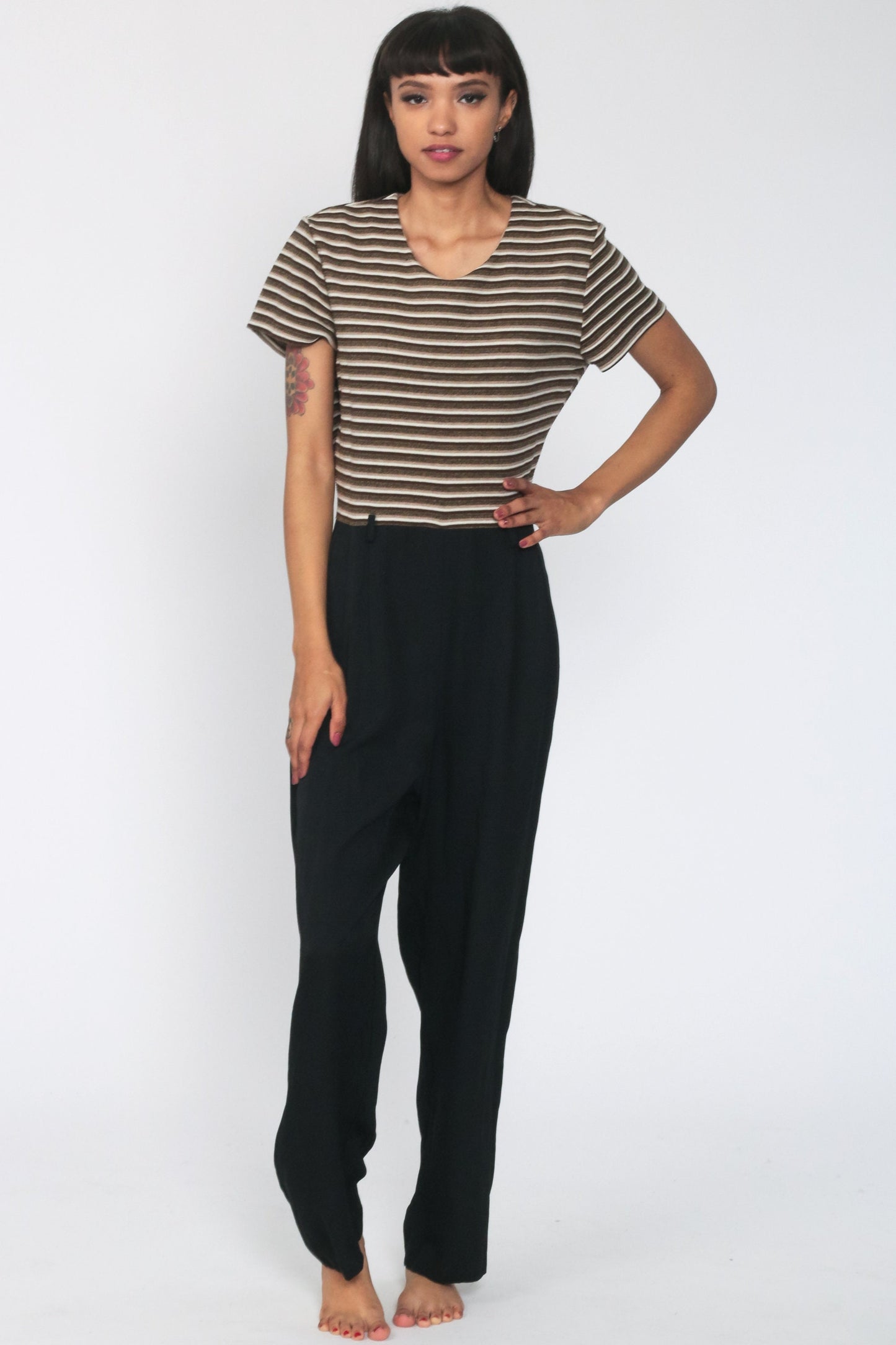 80s Striped Jumpsuit Black Tapered Legs Short Sleeve Medium Large