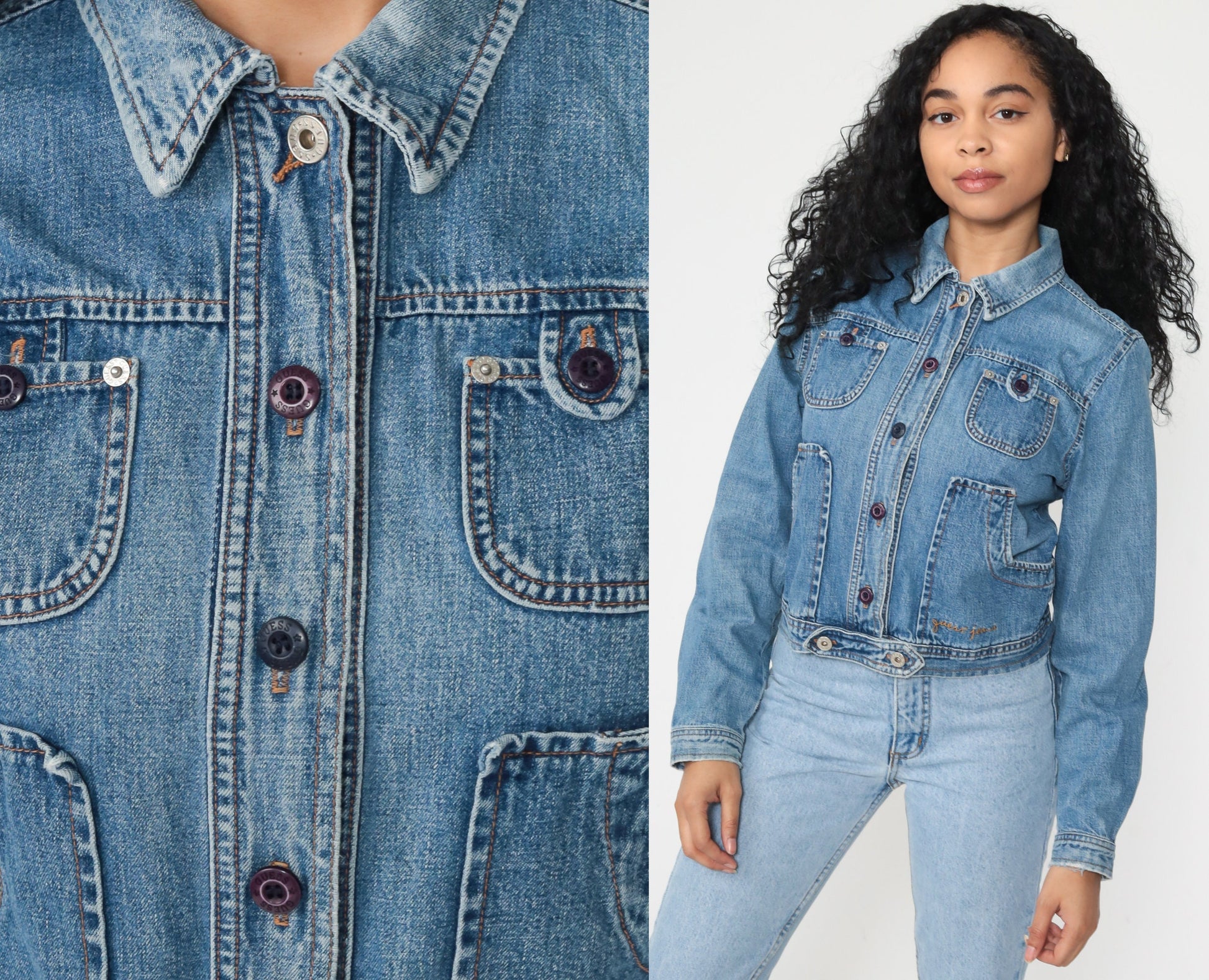 90s Guess Denim Jacket Blue Button-Up Trucker Small S
