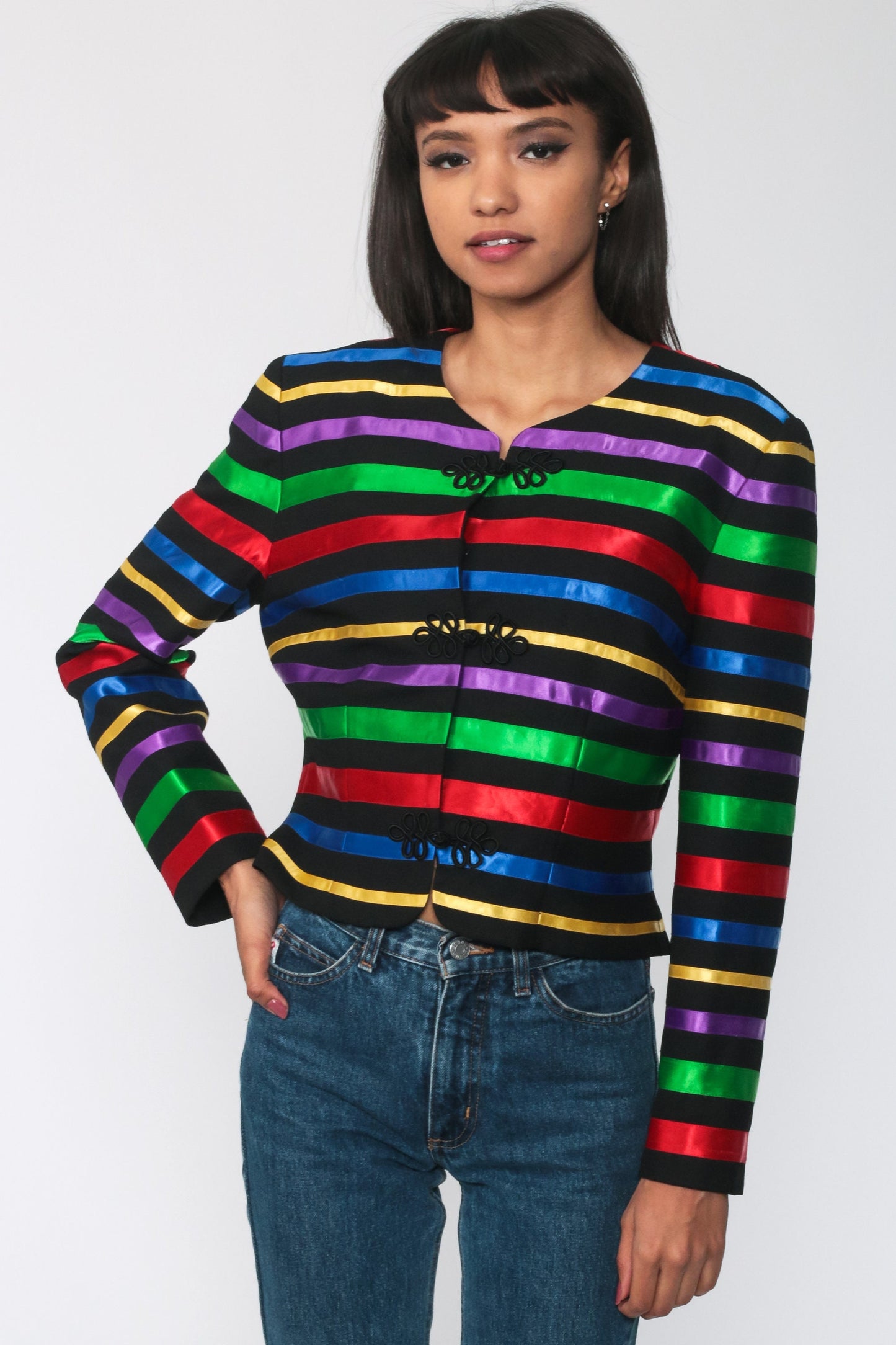 90s Rainbow Striped Jacket Frog Closure Button Up Cropped Medium M