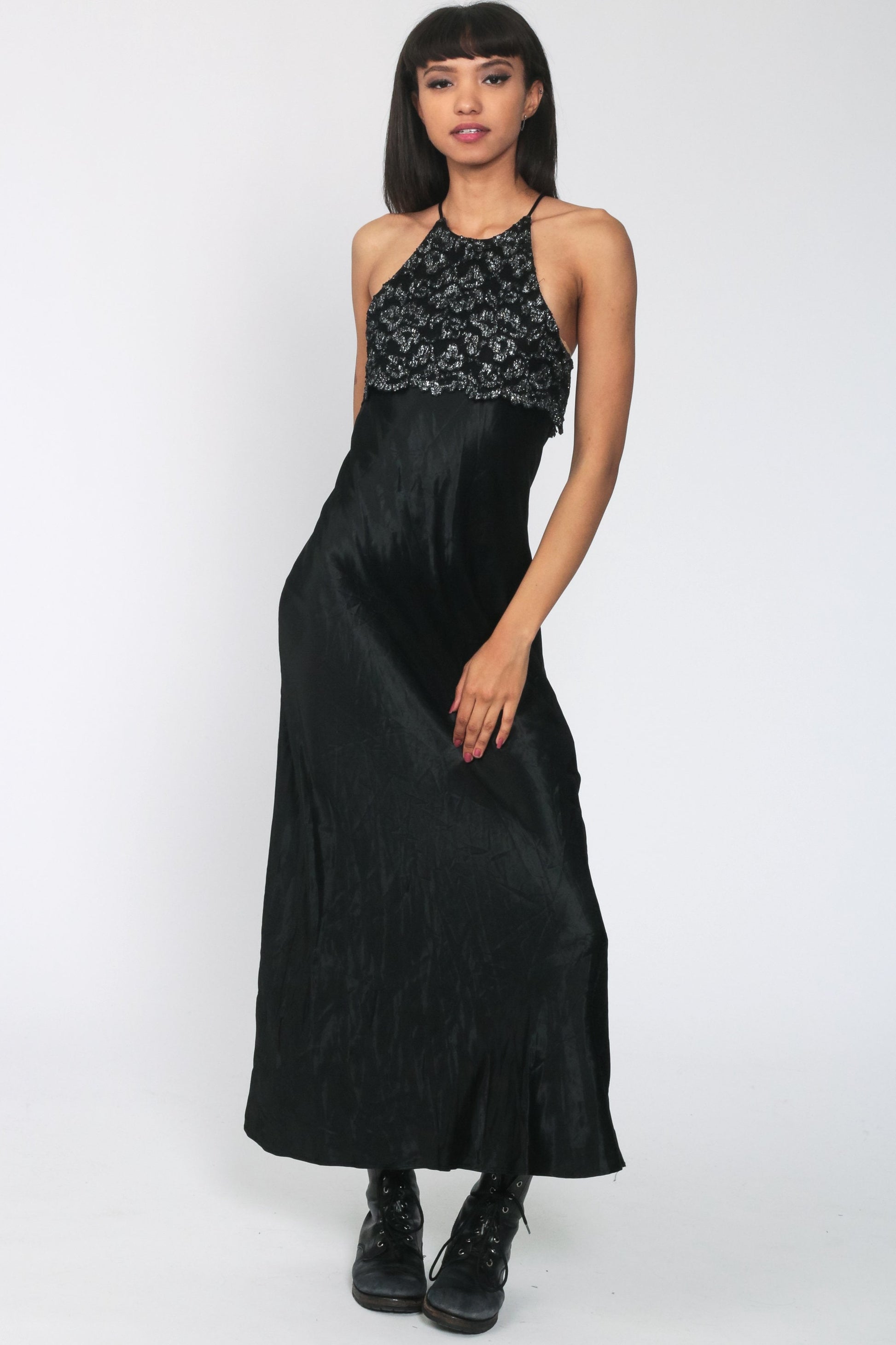 90s Black Metallic Lace Maxi Dress Spaghetti Strap Racerback Small