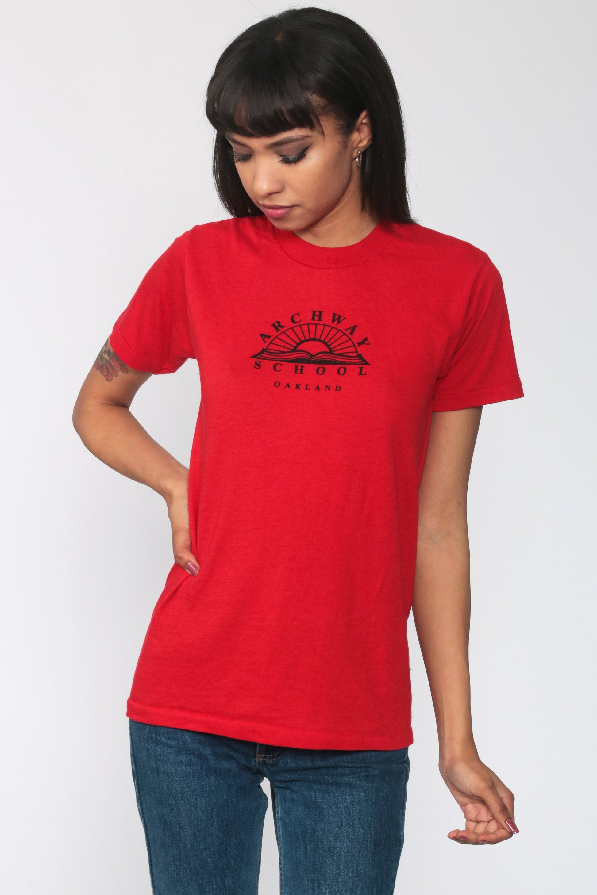 80s Archway School Oakland Graphic Tee Red Single Stitch Extra Small