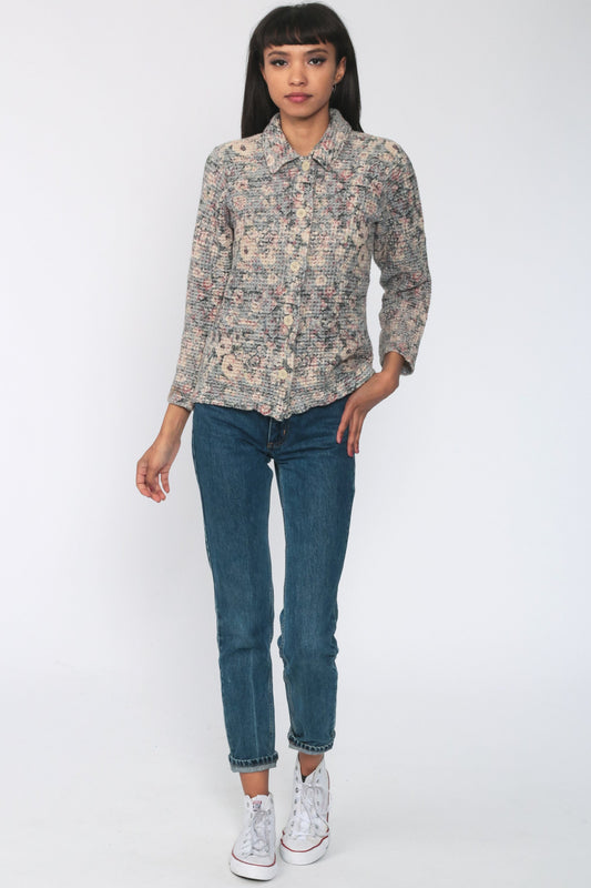 90s Waffle Knit Floral Button-Up Shirt Long Sleeve Cotton Blend Small