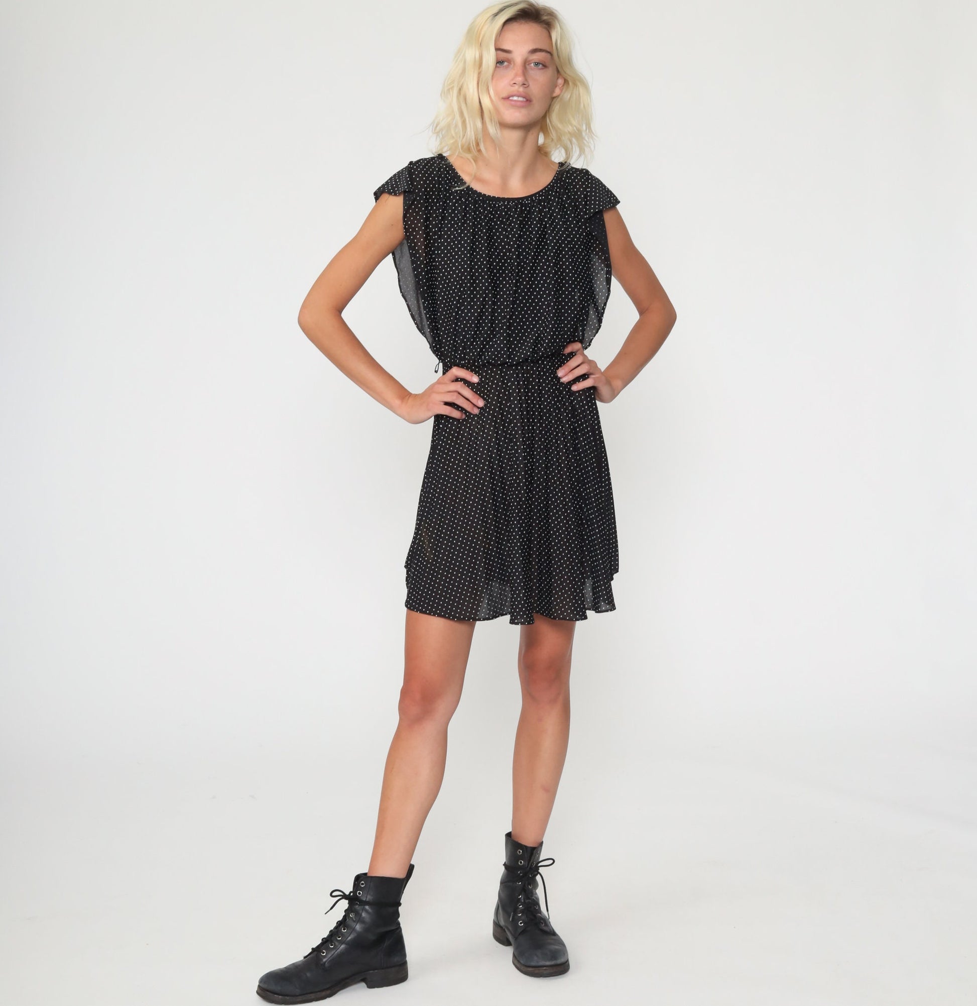70s Black Polka Dot Mini Dress Flutter Sleeve High Waist Extra Small