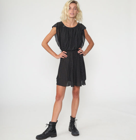 70s Black Polka Dot Mini Dress Flutter Sleeve High Waist Extra Small