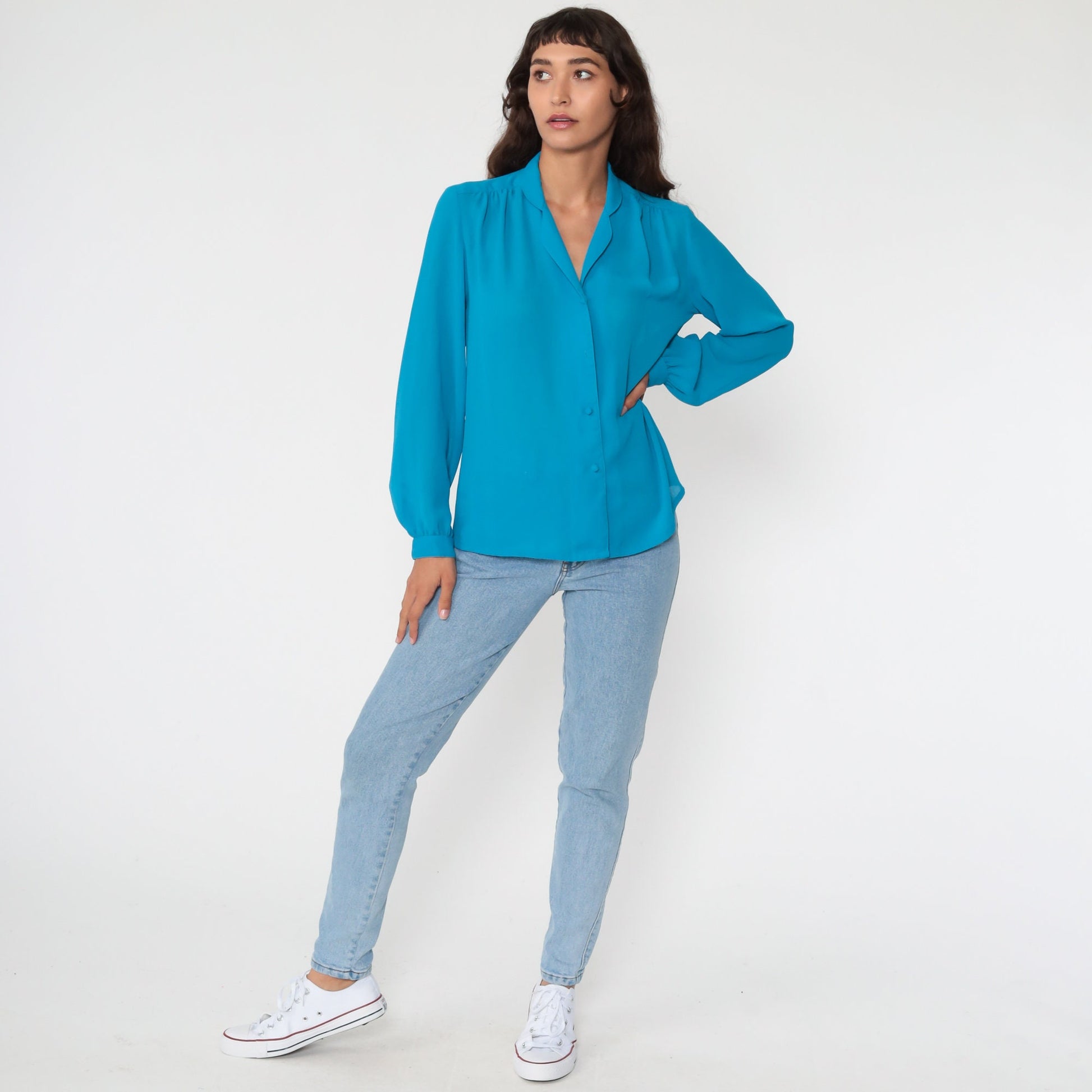 80s Blue Button-Up Blouse Collared Long Sleeve Shirt Medium